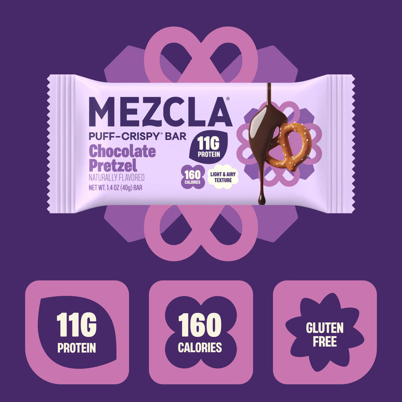 Mezcla Chocolate Pretzel protein bar package on purple background showing 11g protein, 160 calories, gluten-free with pretzel and chocolate drip graphic