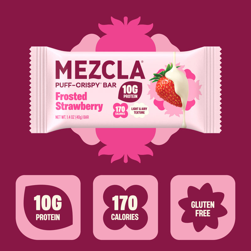 MEZCLA Frosted Strawberry puff-crispy protein bar package on pink background, showing 10g protein, 170 calories, gluten-free with strawberry illustration