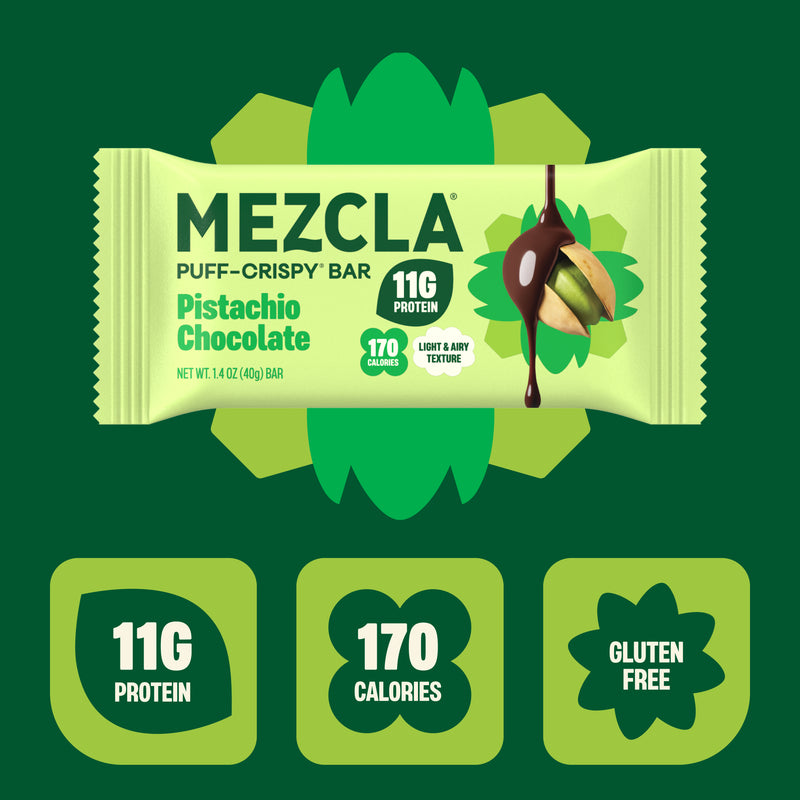 Mezcla Pistachio Chocolate Puff-Crispy Bar package on green background showing 11g protein, 170 calories, gluten free with pistachio and chocolate drip illustration