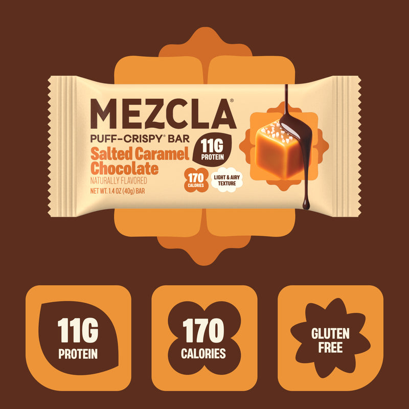 Mezcla Puff-Crispy Bar package in Salted Caramel Chocolate flavor showing 11g protein, 170 calories, gluten-free on brown background with orange design elements