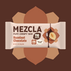 MEZCLA Hazelnut Chocolate puff-crispy protein bar package with 11G protein and 170 calories, featuring chocolate-dipped hazelnut graphic on brown geometric background.