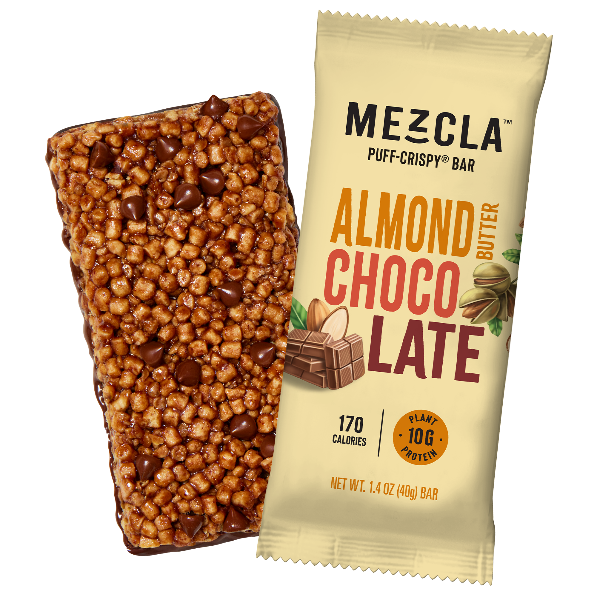 Mezcla Almond Butter Chocolate puff-crispy protein bar unwrapped beside cream-colored package showing 170 calories and 10g plant protein