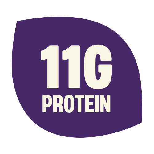 Purple circular logo with white text reading "11G PROTEIN" for a chocolate pretzel product mix
