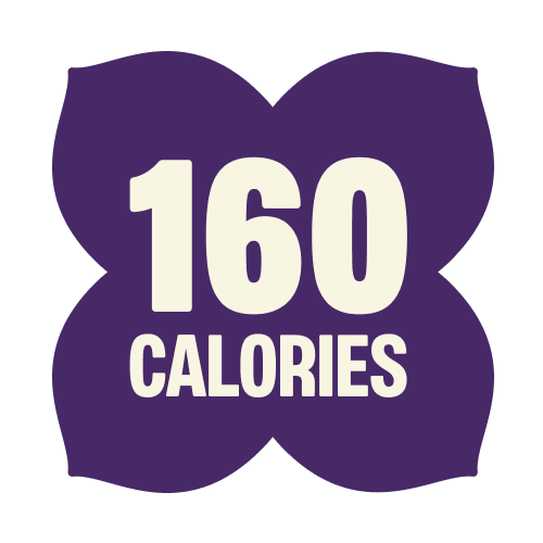 Purple flower-shaped badge displaying "160 CALORIES" in white text for chocolate pretzel product
