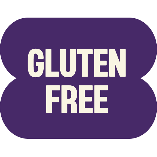 Purple rounded badge with white text reading "GLUTEN FREE" for chocolate pretzel product labeling