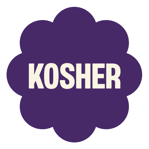 Purple flower-shaped badge with white "KOSHER" text in the center