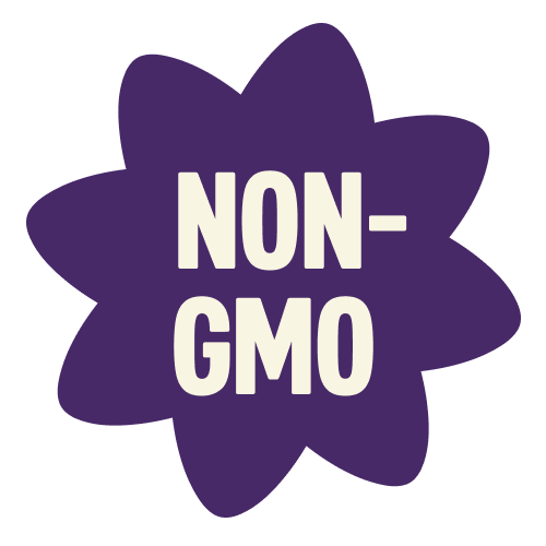 Purple star-shaped badge with "NON-GMO" text in white letters, indicating a product certification label.