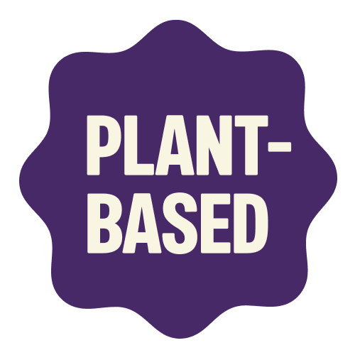 Purple star-shaped badge with white text reading "PLANT-BASED"