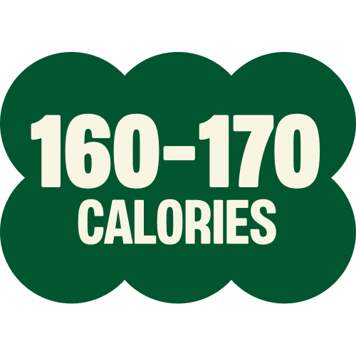Dark green cloud-shaped icon with cream text reading "160-170 CALORIES"