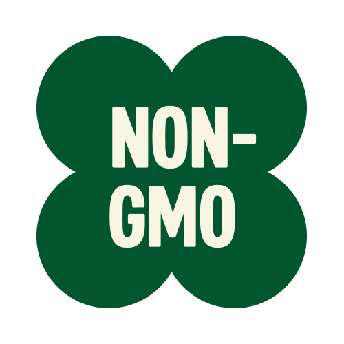 Dark green four-leaf clover icon with "NON-GMO" text in cream lettering