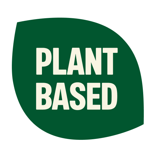 Dark green rounded square icon with white text reading "PLANT BASED"