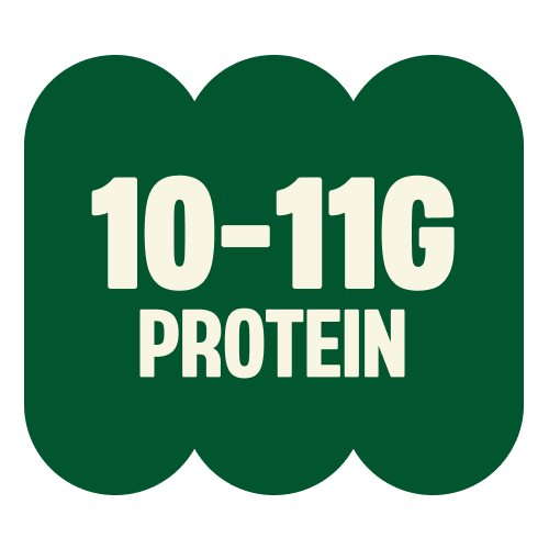 Dark green rounded badge icon with white text reading "10-11G PROTEIN"