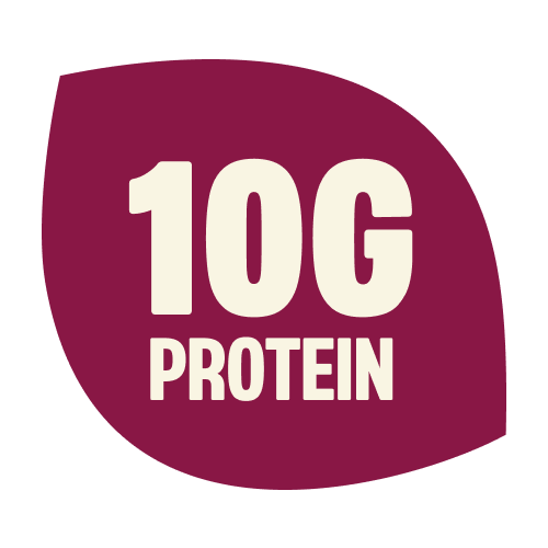 Maroon circular badge with cream text reading "10G PROTEIN" for frosted strawberry product