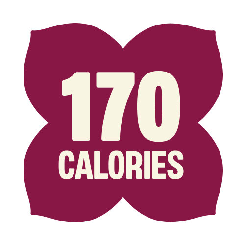 Burgundy star-shaped badge displaying "170 CALORIES" in cream-colored text for frosted strawberry product