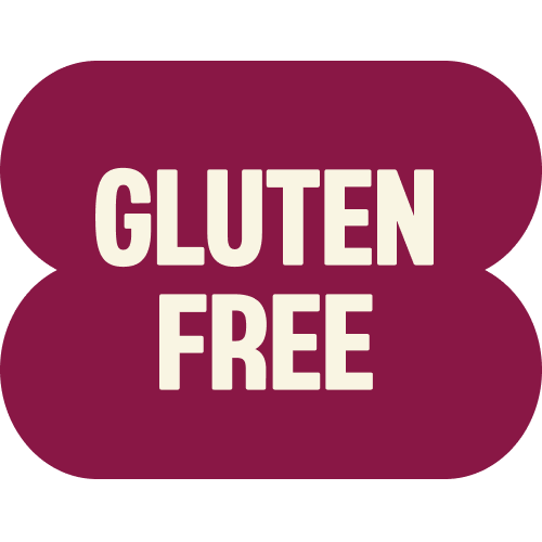 Burgundy rounded rectangle badge with cream-colored text reading "GLUTEN FREE" for frosted strawberry product labeling