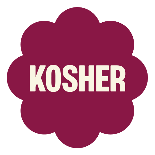 Maroon flower-shaped badge with white "KOSHER" text in the center