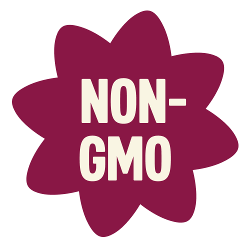 Burgundy star-shaped badge with cream-colored "NON-GMO" text in bold letters