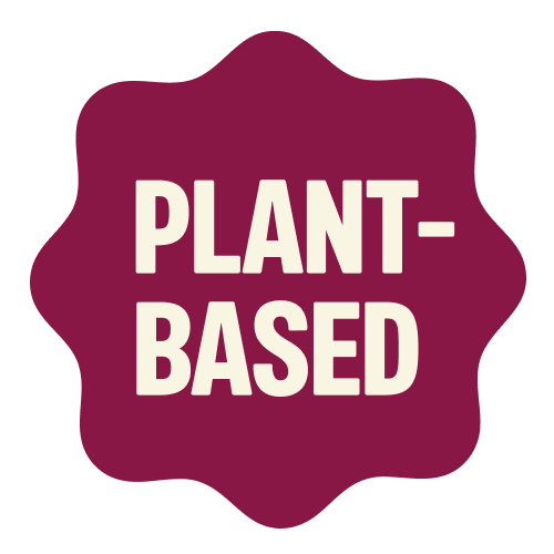 Burgundy star-shaped badge with "PLANT-BASED" text in white letters, indicating a plant-based product label or icon.