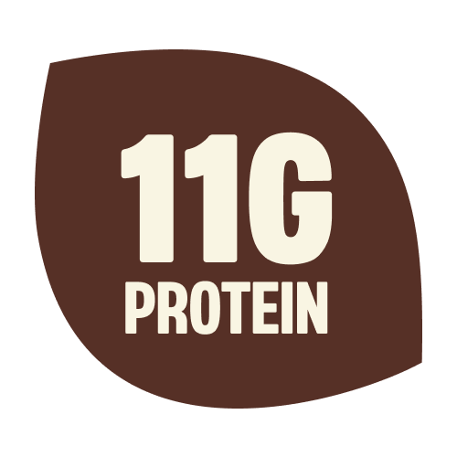Brown circular badge with cream text reading "11G PROTEIN" for hazelnut chocolate product