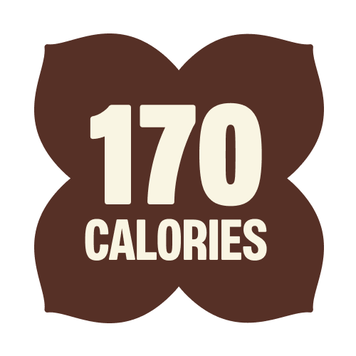 Brown rounded square badge with cream text displaying "170 CALORIES" for hazelnut chocolate product