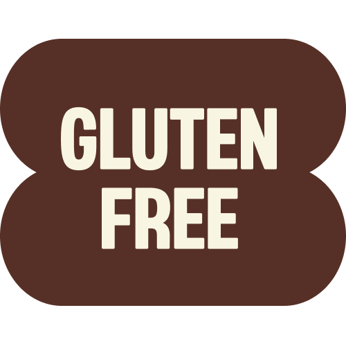 Brown rounded badge with cream-colored text reading "GLUTEN FREE" for hazelnut chocolate product