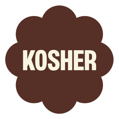 Brown scalloped badge with "KOSHER" text in cream lettering, indicating kosher certification for hazelnut chocolate product.