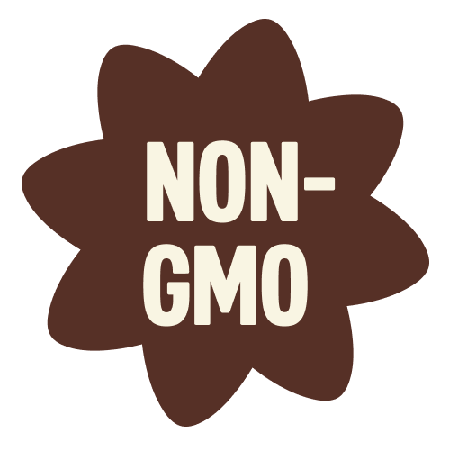 Brown star-shaped badge with cream text reading "NON-GMO" for hazelnut chocolate product labeling