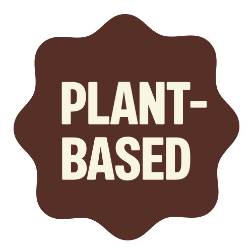 Brown star-shaped badge with cream text reading "PLANT-BASED"