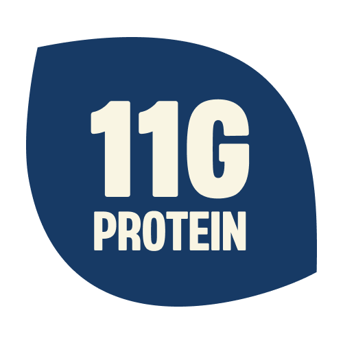 Dark blue circular badge with white text displaying "11G PROTEIN" for maple blueberry product icon