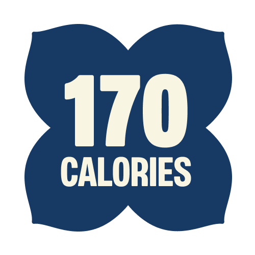 Navy blue decorative badge with "170 CALORIES" in white text for maple blueberry product