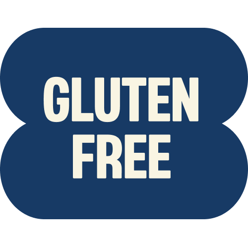 Blue rounded rectangle badge with white text reading "GLUTEN FREE" in bold capital letters