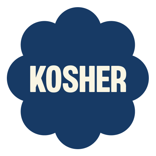 Dark blue flower-shaped badge with white "KOSHER" text in the center