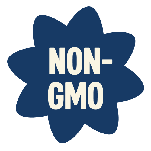 Dark blue star-shaped badge with "NON-GMO" text in cream lettering
