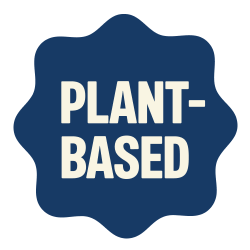 Blue star-shaped badge with white text reading "PLANT-BASED"