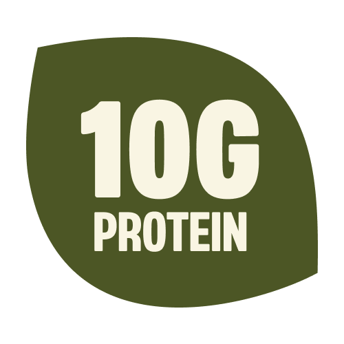 Green leaf-shaped badge with cream text reading "10G PROTEIN" for matcha vanilla product icon