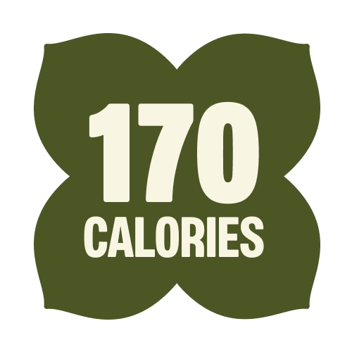 Green rounded square badge with "170 CALORIES" text in cream/beige lettering for Matcha Vanilla product