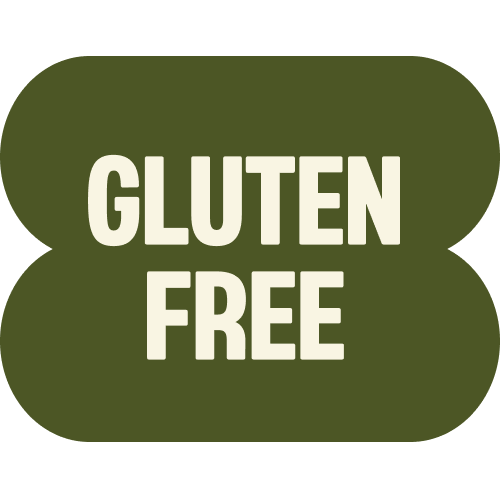 Green rounded badge with cream-colored text reading "GLUTEN FREE" in bold capital letters