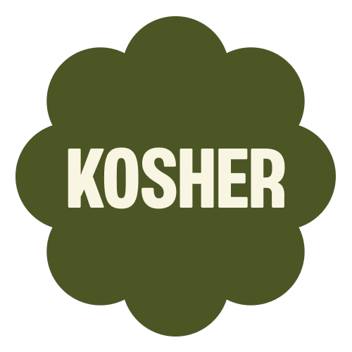 Green flower-shaped badge with "KOSHER" text in white letters at center