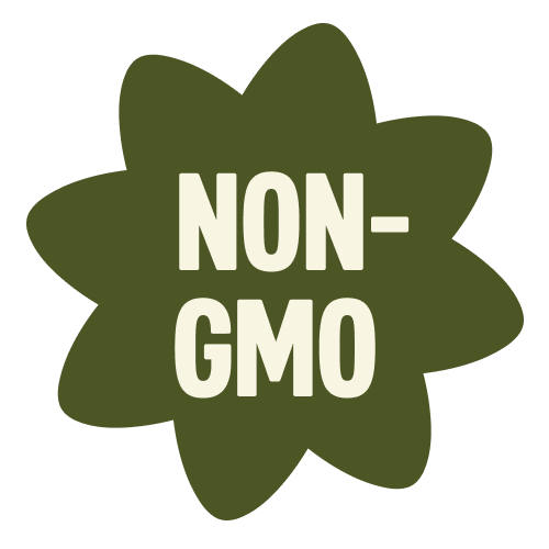 Green star-shaped badge with "NON-GMO" text in cream colored letters, indicating a non-genetically modified product label.