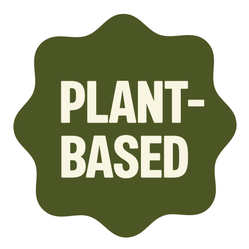 Green star-shaped badge with "PLANT-BASED" text in cream colored letters
