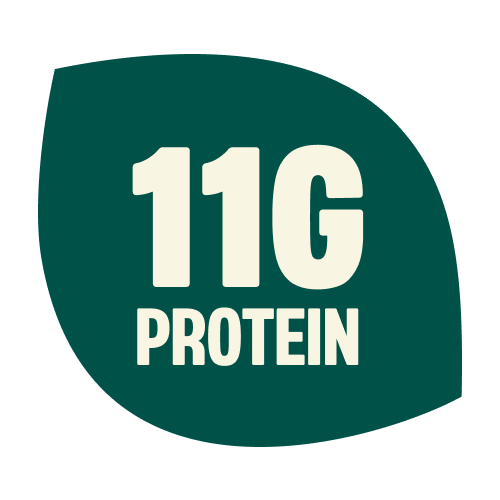 Dark teal oval badge with cream-colored text reading "11G PROTEIN" for mint chocolate product packaging