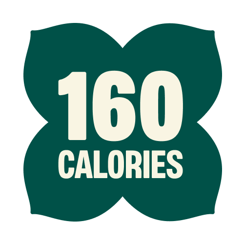 Dark green four-leaf clover shaped badge with "160 CALORIES" text in cream colored letters