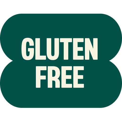 Dark green rounded badge with "GLUTEN FREE" text in white letters, product icon for mint chocolate flavor
