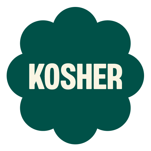 Dark green flower-shaped badge with white text reading "KOSHER"