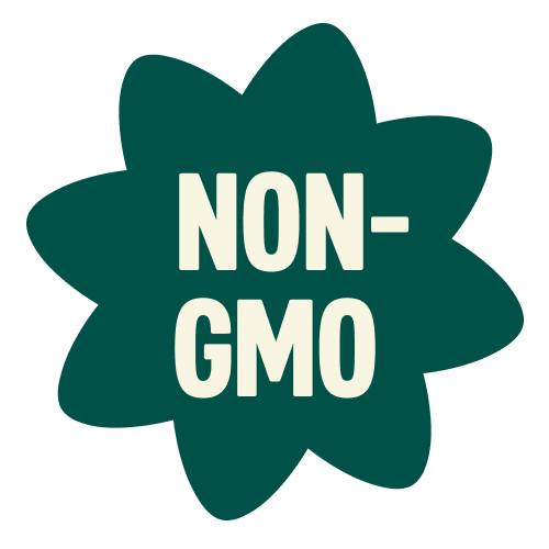 Dark green star-shaped badge with "NON-GMO" text in cream colored letters
