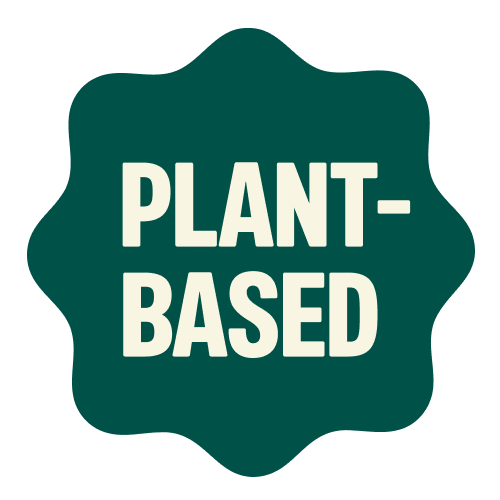 Dark green star-shaped badge with white text reading "PLANT-BASED"