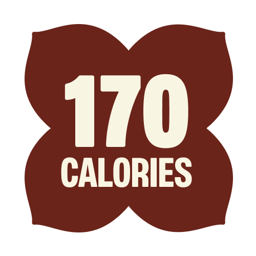 Dark red rounded square icon with "170 CALORIES" in cream-colored text for peanut butter chocolate product