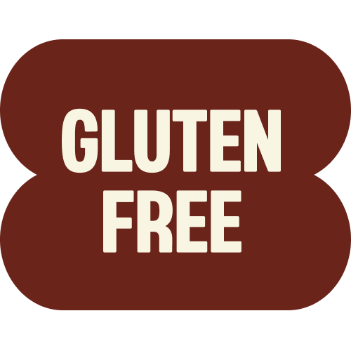 Dark red rounded badge with cream-colored text reading "GLUTEN FREE"
