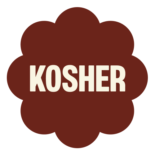 Dark red/maroon flower-shaped badge with white text reading "KOSHER"