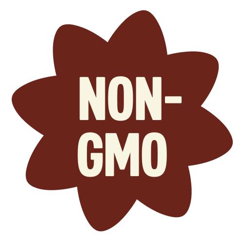 Dark red-brown star-shaped badge with "NON-GMO" text in cream colored letters
